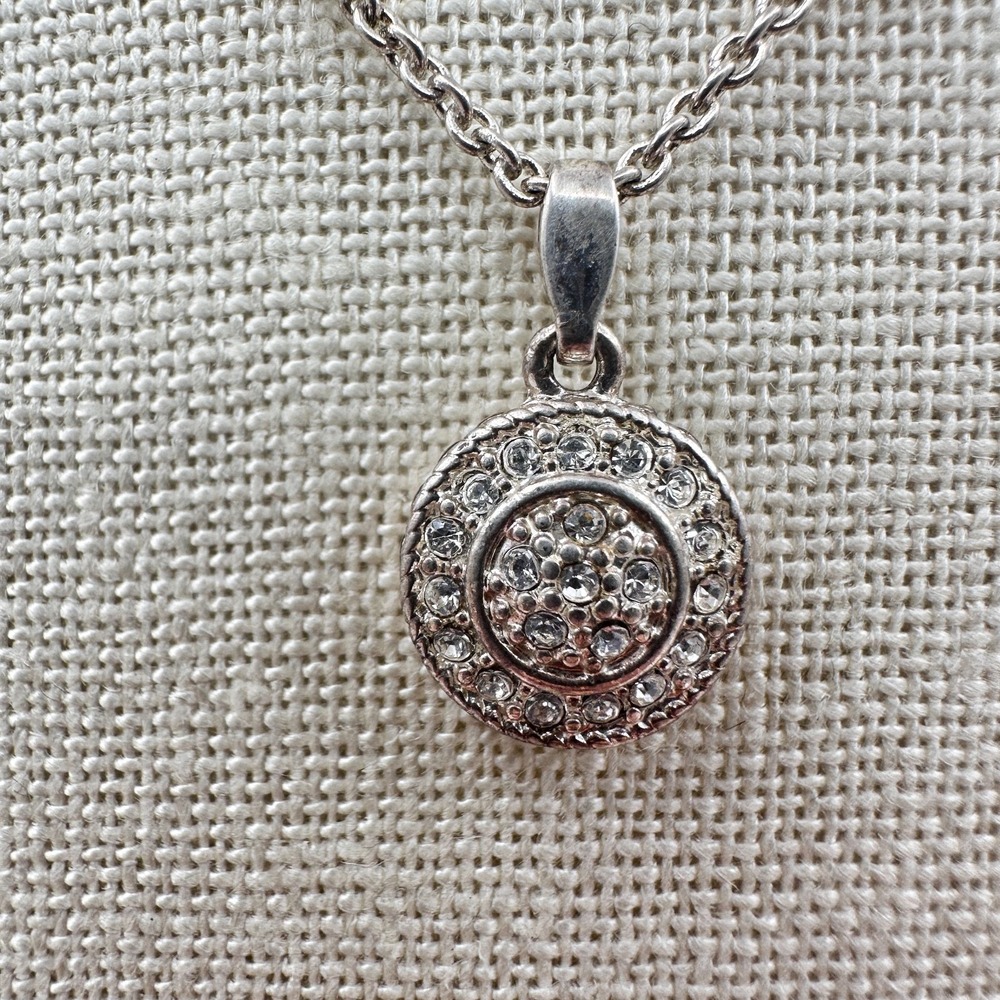 Vintage 80s Silver Tone Round Halo Pendant Necklace Clear Rhinestone Jewelry 90s